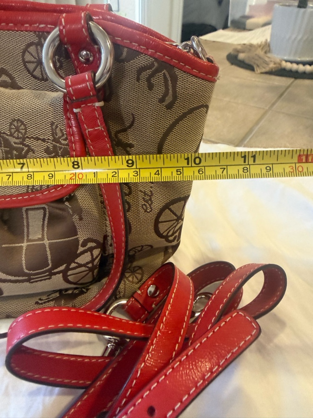 Coach Tan Signature Canvas Satchel with Red Leather Trim - Picture 5 of 9